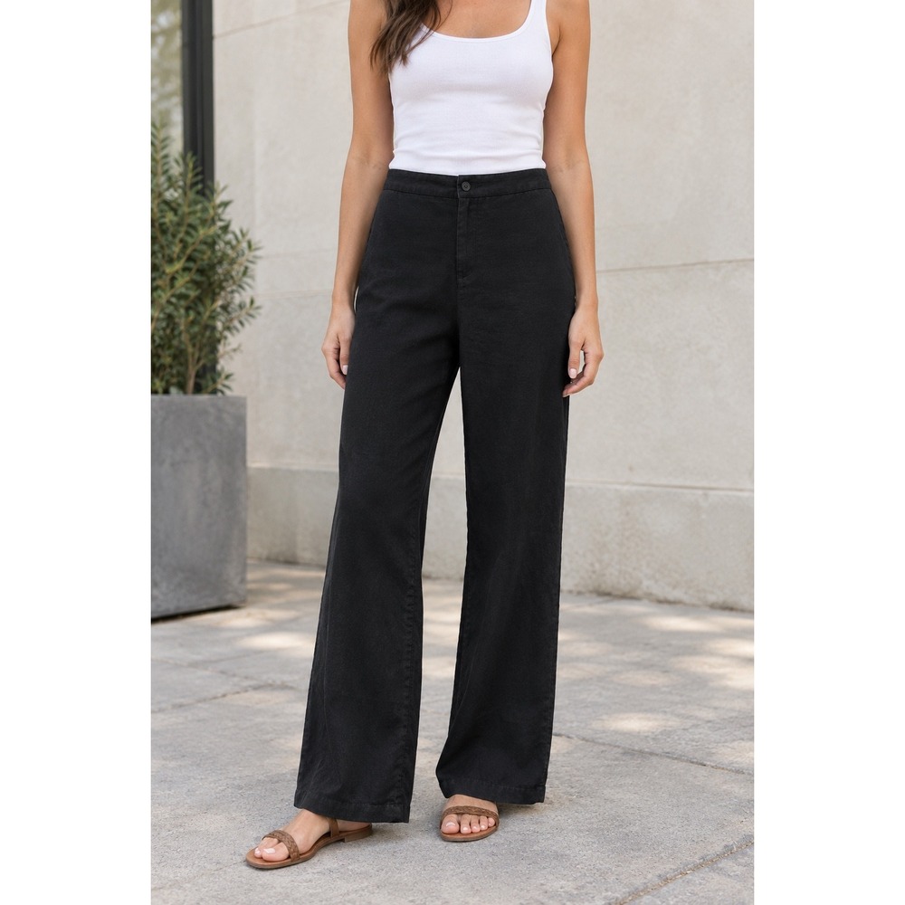 Ellen Tracy Active Black Wide Leg Tencel Linen Blend Pants Size 10